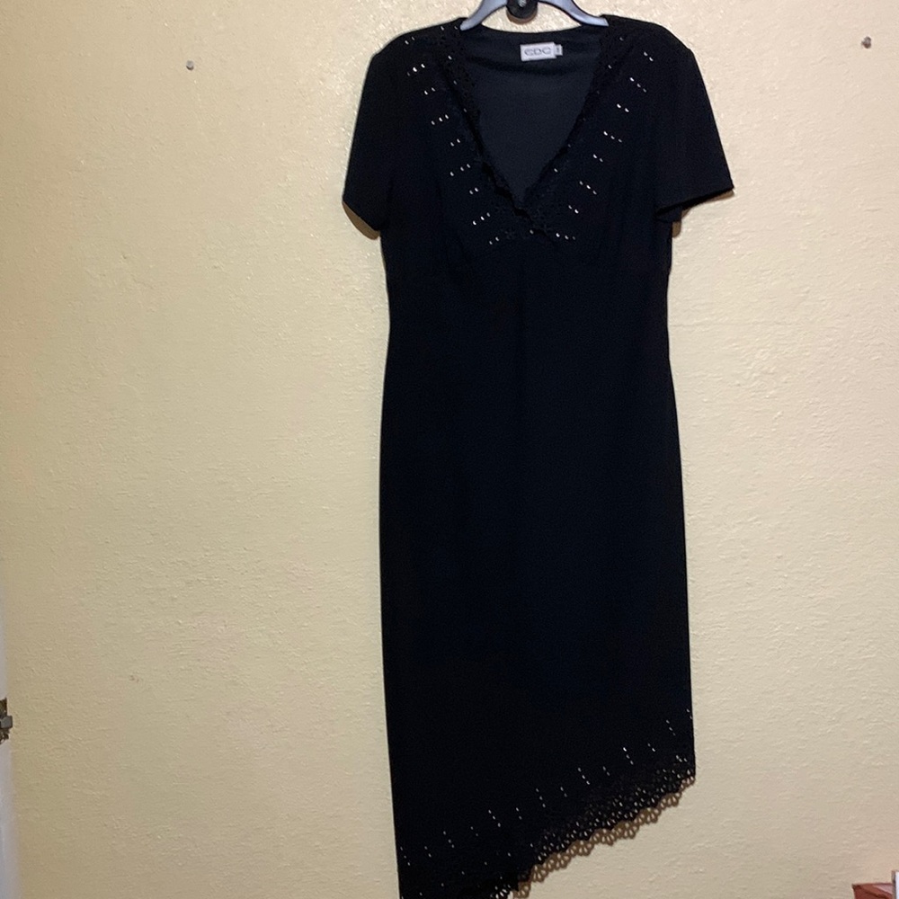 CDC Dress Black Asymmetrical Floral Peep Hole Design Embellished 14 Short Sleeve